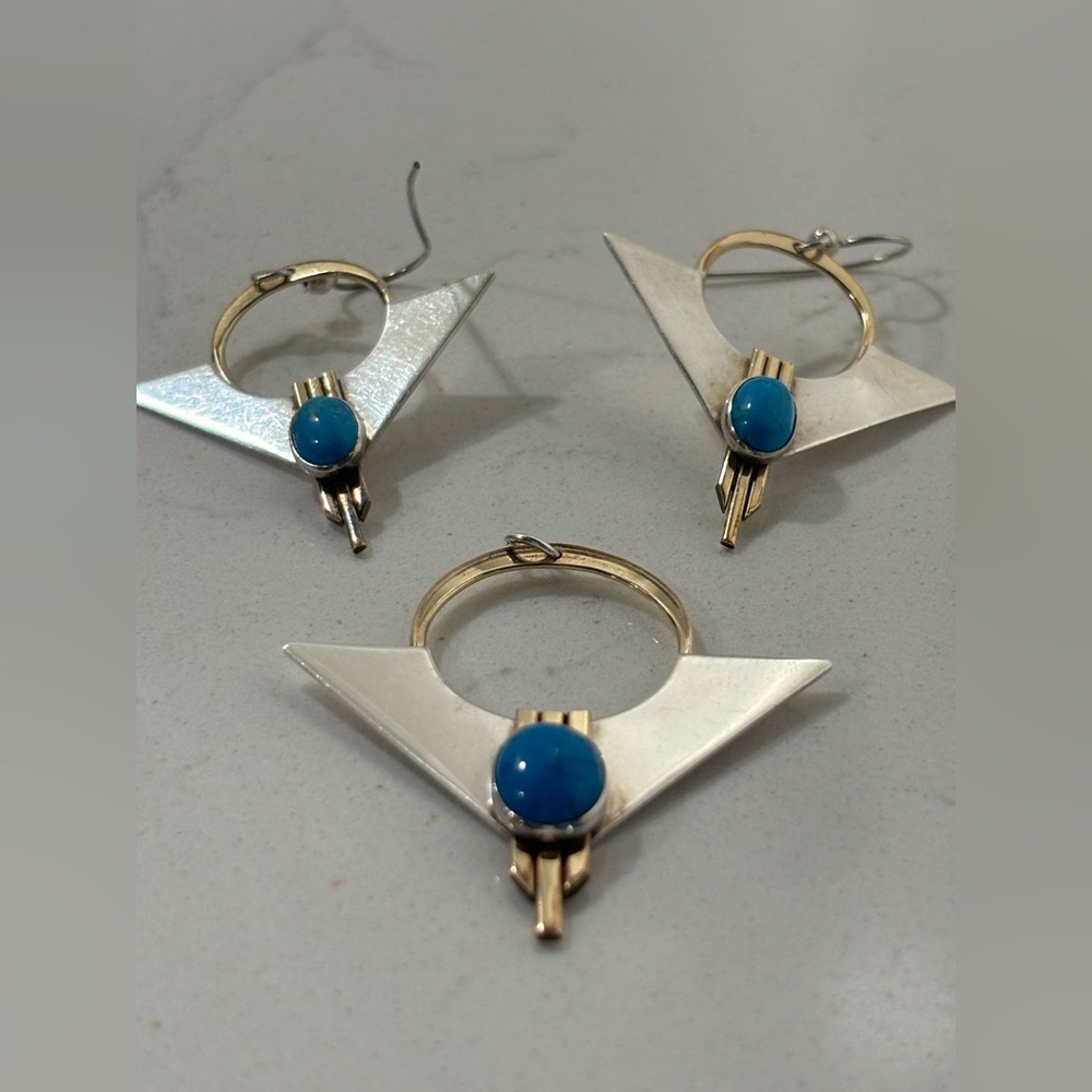 RARE Artisan 925 Sterling & Turquoise Pendant & Earring Set with 14k GF Detail